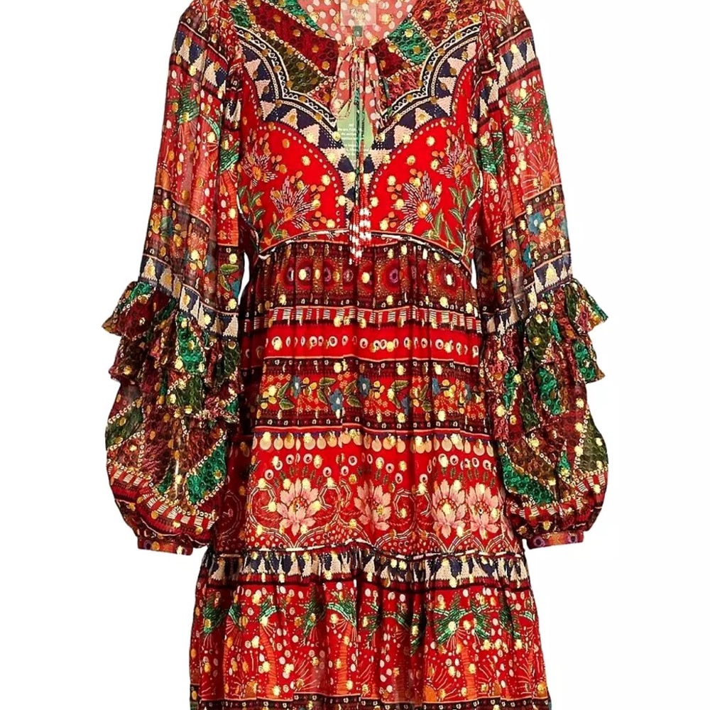 FARM Rio Red Ruffled Tiered Sundress with Bishop Sleeves